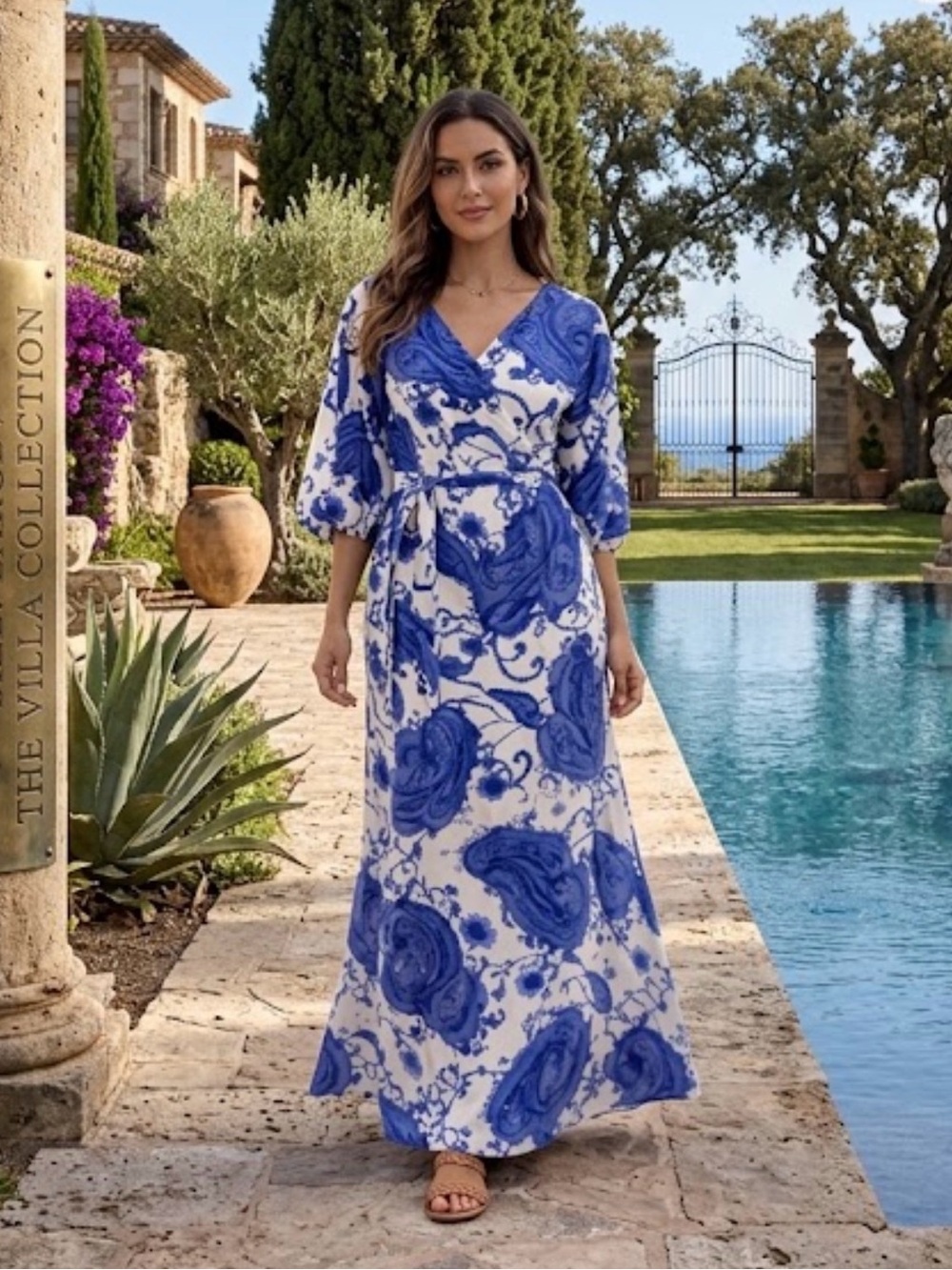 White Closet Elements Nomi Blue White Paisley Linen Blend Wrap Midi Dress L NWT